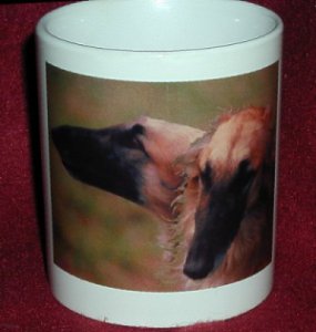 [Mug with
    pictures of the black masked cream Borzoi Sox]